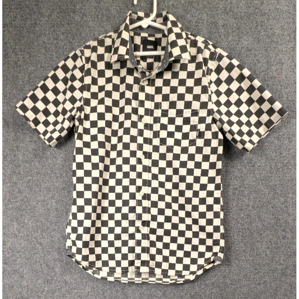 Vans Boys Checkerboard Button Front Shirt Black White Checkered Short Sleeve M - Picture 1 of 9